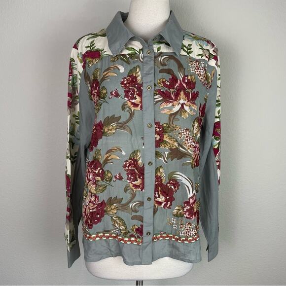 Soft Surroundings Gray Floral Beaded Button Front Long Sleeve Top Large - Picture 2 of 10